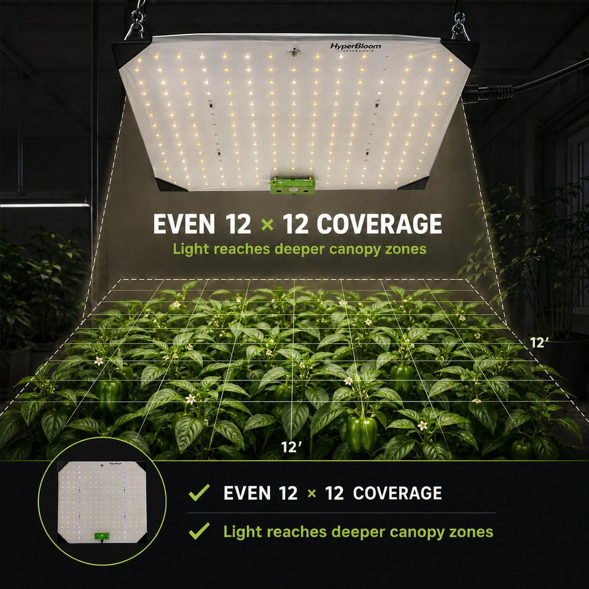 HyperBloom 850W Equivalent LED Grow Light for Indoor Plants, 12x12 Coverage Hanging Grow Lamp with Veg & Bloom Switches, Full Spectrum LED Plant Light for Seedling, Vegetative & Flowering Stages