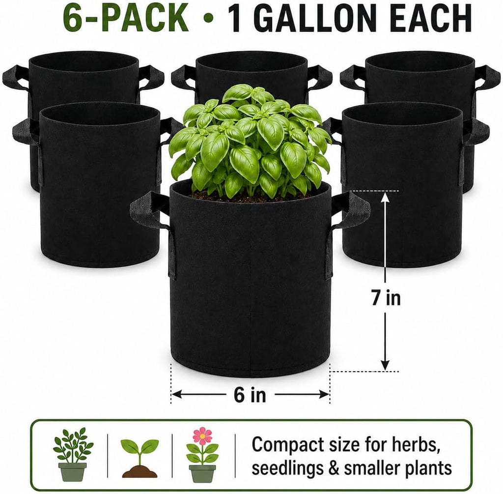 HyperBloom 5-Pack 1 Gallon Fabric Grow Pots with Handles for Indoor & Outdoor Plants, Heavy Duty Nonwoven Grow Bags for Air Pruned Roots, Breathable Reusable Plant Containers for Vegetables, Herbs & Hydroponics