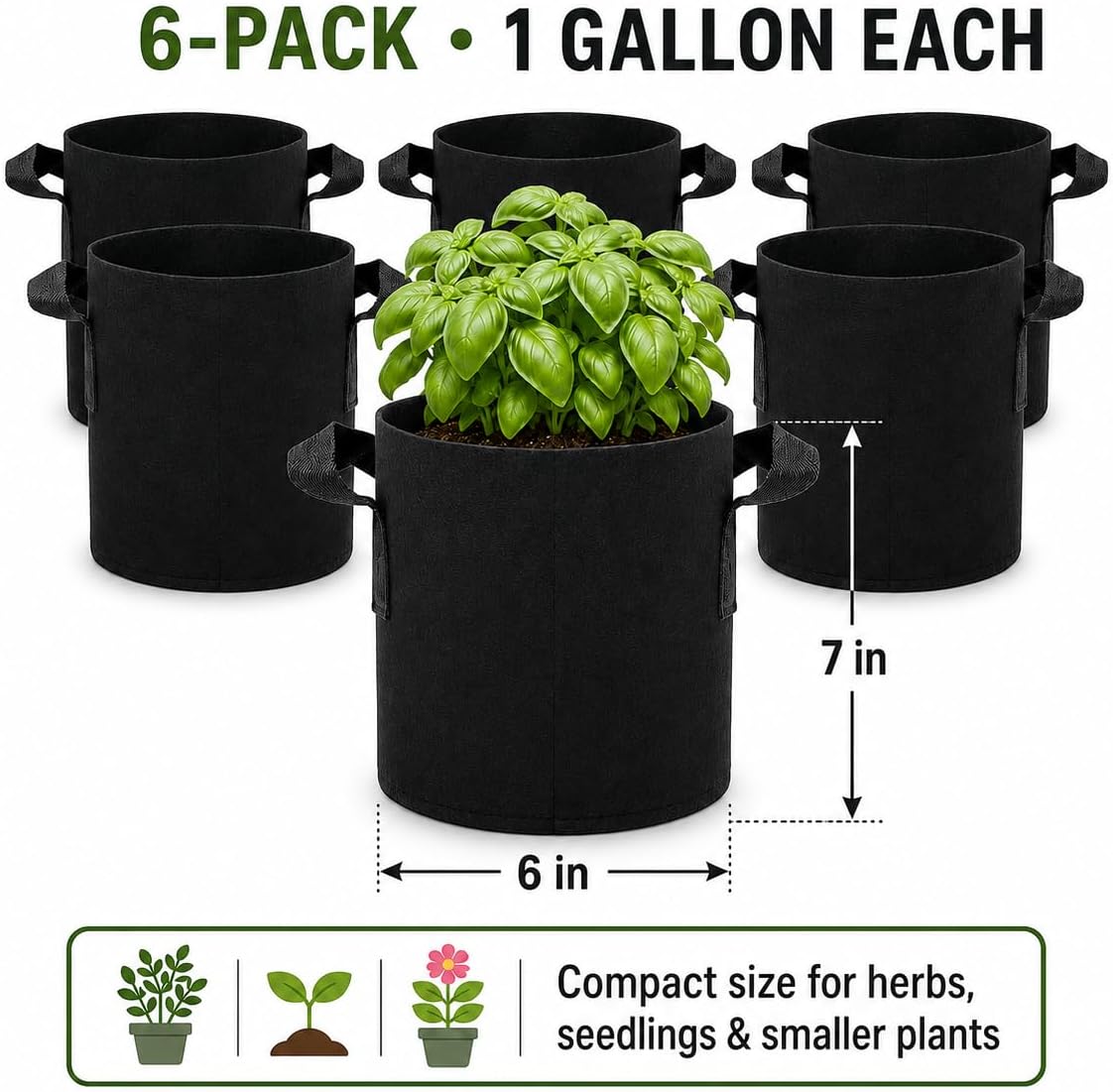 HyperBloom 5-Pack 1 Gallon Fabric Grow Pots with Handles for Indoor & Outdoor Plants, Heavy Duty Nonwoven Grow Bags for Air Pruned Roots, Breathable Reusable Plant Containers for Vegetables, Herbs & Hydroponics