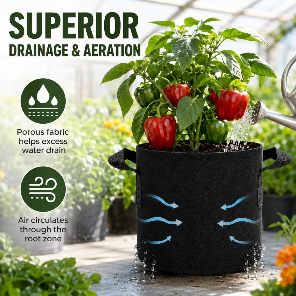 HyperBloom 5-Pack 1 Gallon Fabric Grow Pots with Handles for Indoor & Outdoor Plants, Heavy Duty Nonwoven Grow Bags for Air Pruned Roots, Breathable Reusable Plant Containers for Vegetables, Herbs & Hydroponics