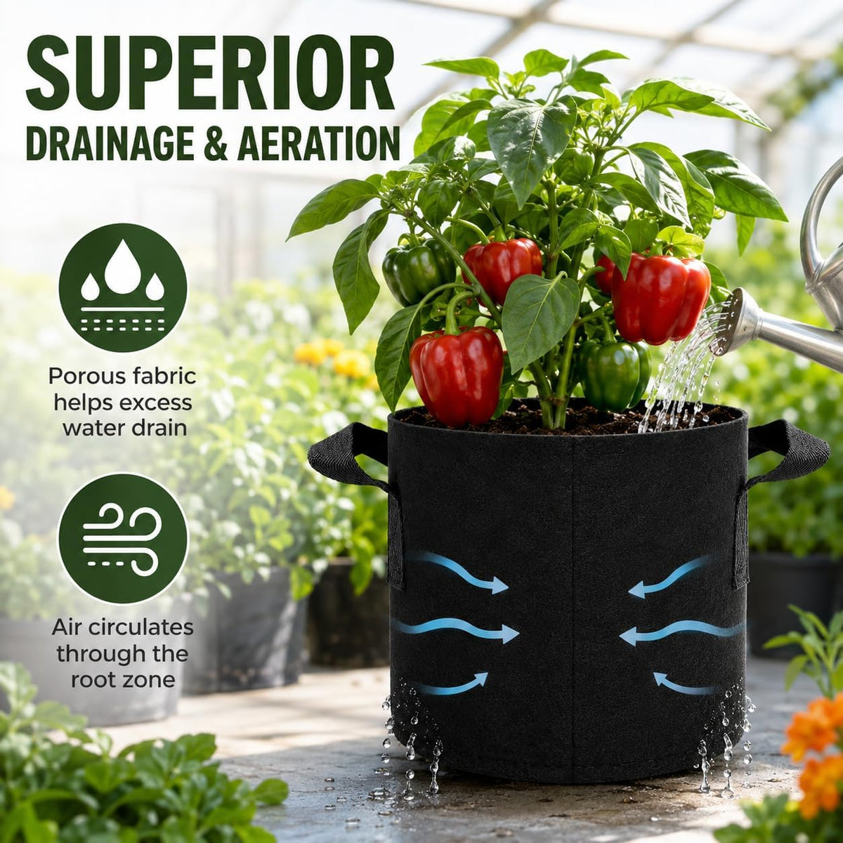 HyperBloom 5-Pack 1 Gallon Fabric Grow Pots with Handles for Indoor & Outdoor Plants, Heavy Duty Nonwoven Grow Bags for Air Pruned Roots, Breathable Reusable Plant Containers for Vegetables, Herbs & Hydroponics